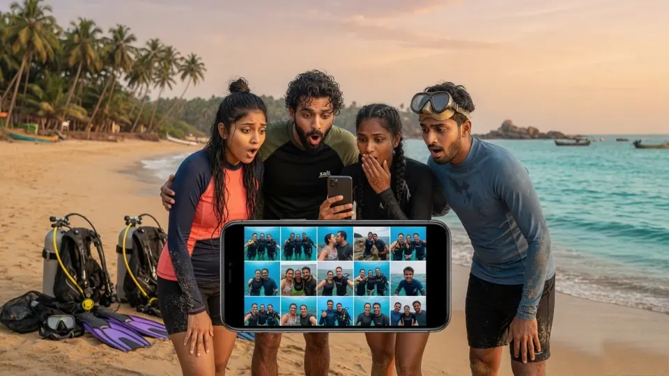 Four friends in Goa look shocked at a phone full of scuba photos from other groups.