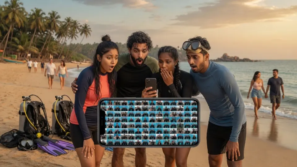 The same friends look uneasy at a phone packed with hundreds of mixed photos and videos.
