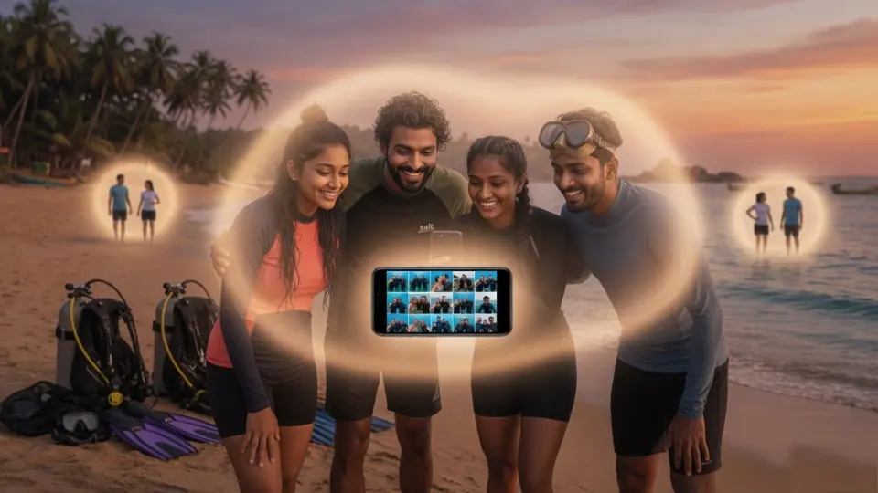 The four friends smile at their own trip photos, held in a private glow apart from other groups.